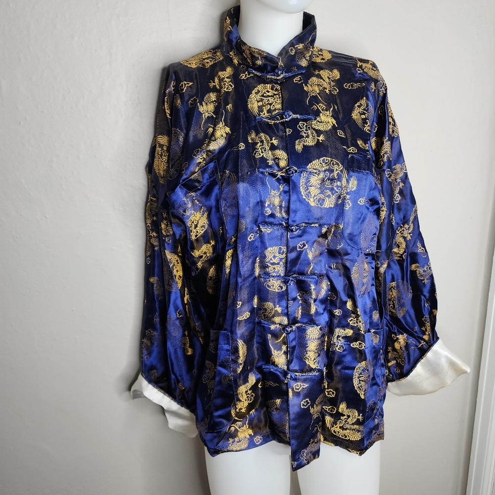 Golden Dragon Chinese Classical Satin Blue Women's Top Long Sleeve Size Medium